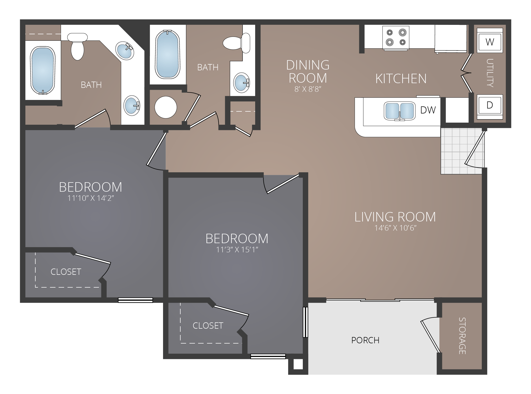 Floor plan for 2 beds, 2 baths, 1005 sqft